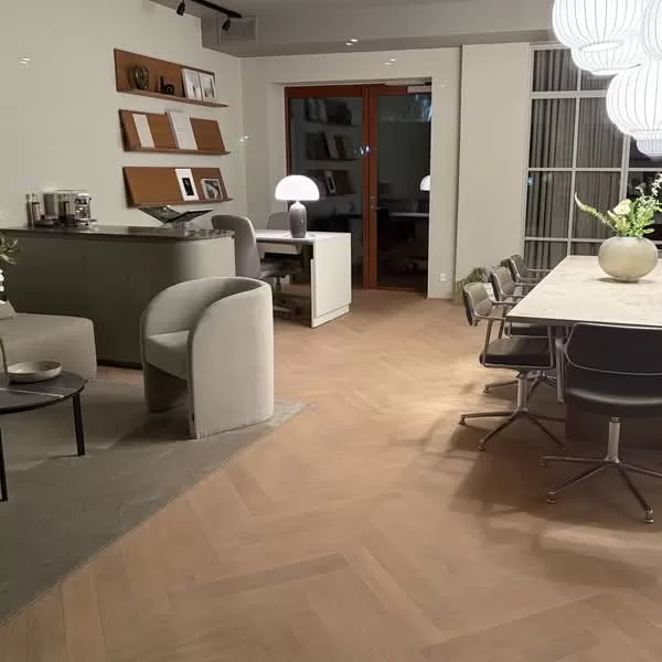 Herringbone Pattern Flooring being displayed in a showroom office