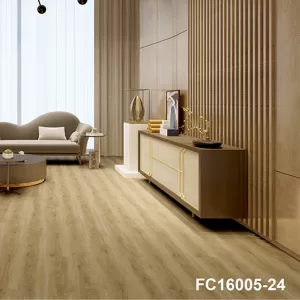 Quality solid polymer core SPC planks from leading China PVC Flooring factory. Installation rendered in beige color vinyl flooring